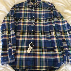 Polo blue w yellow plaid, button down, collared shirt. Medium sized.
